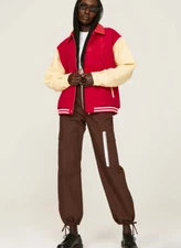 House Of Sunny Take A Trip Varsity Red  Faux Leather Bomber Jacket Size XS Flaw