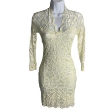 Asos Floral Lace Bodycon Mini Dress 2 Cream Sheer 3/4 Sleeves V Neck Lined