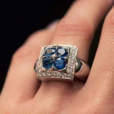 Modern Handmade Style Blue Sapphire  Old European Cut CZ 2.22TCW Square Ring