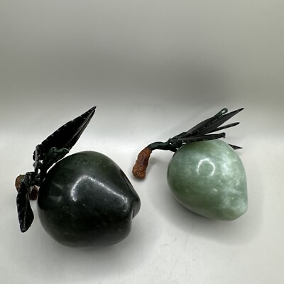 Vintage Chinese Carved Green Jade Plum Stone Leaves Figure MCM Set