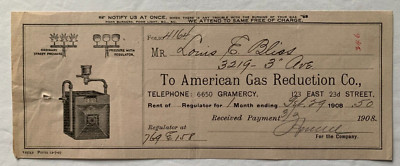 1908 New York NYC American Gas Reduction Co Payment Receipt E 23rd St vignette