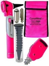 Premium Otoscope Fiber Optic ophthalmoscope,Otoscope ENT Diagnostic Set.LED-Pink