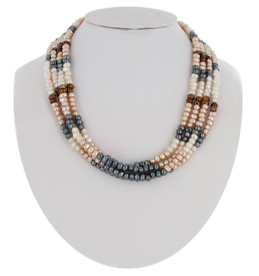 Gray Brown White Faux Pearl Beaded Multi Strand Necklace Adjustable 21''