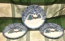 Folk Craft by Tienshan, Cabin in the Snow Spongeware Dinner Plates, Set of 3