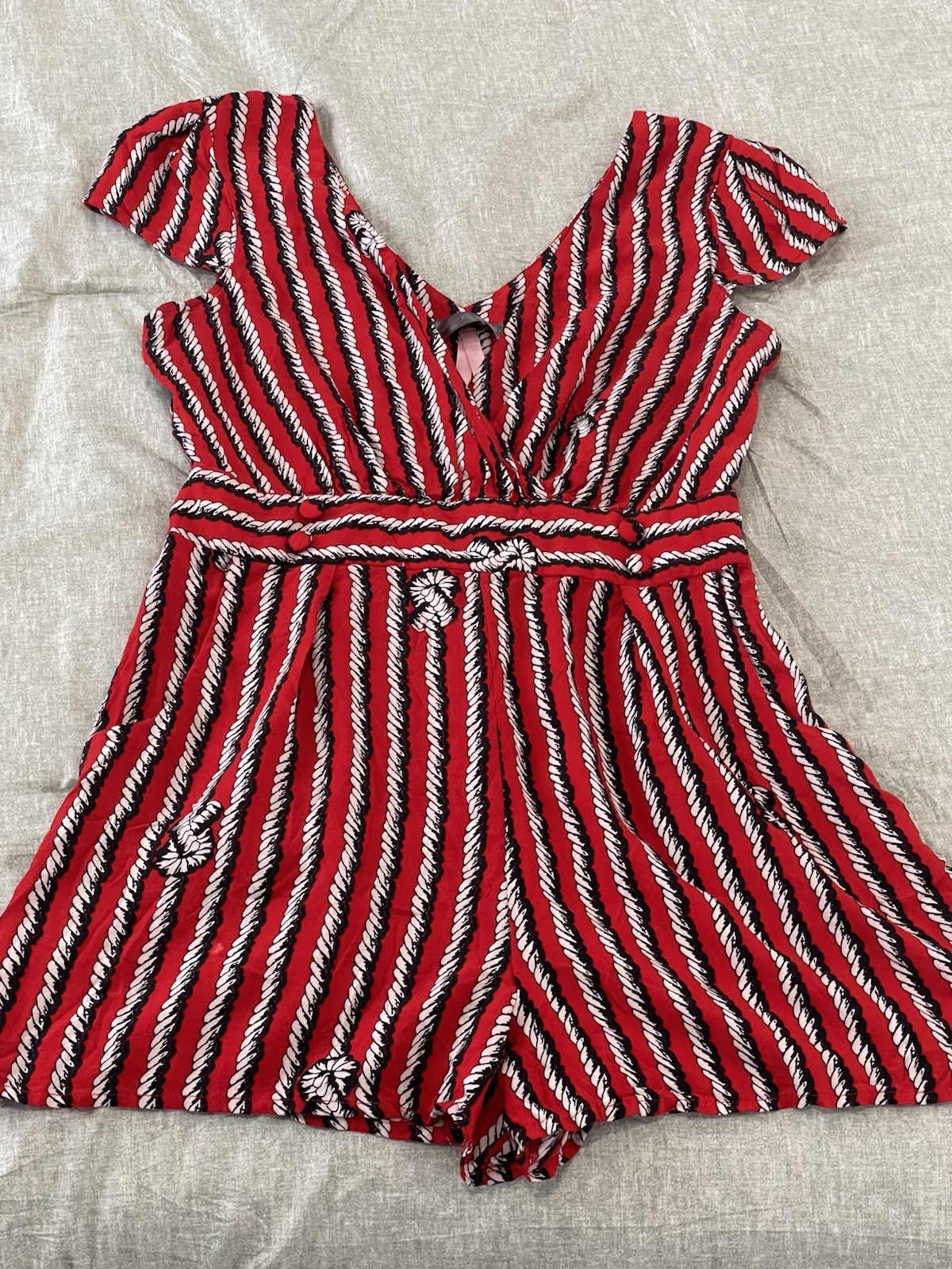Lipsy London 8 Red/Black/White Rope Striped Romper with Pockets 255