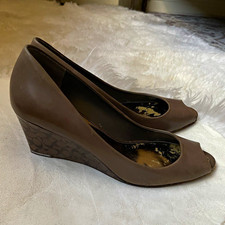 Vintage y2k Coach Brown Leather Peep Toe Wedge Heel Slip On Womens US 8.5 B