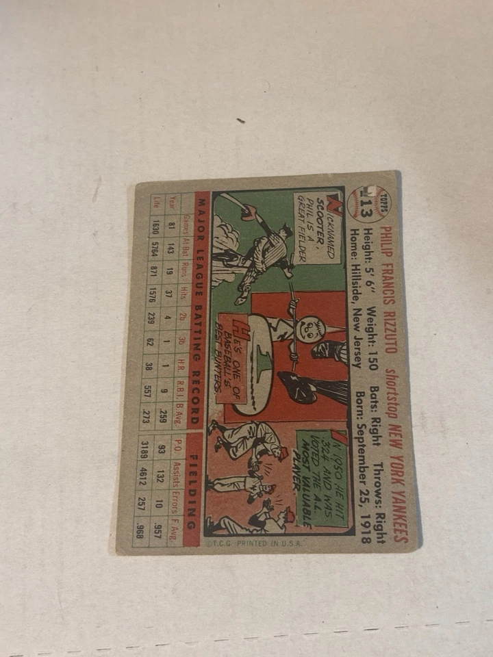 1956 Topps #113 Phil Rizzuto cartão de beisebol furo pobre - Imagem 2 de 2