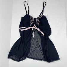 Y2K Coquette Babydoll Lingerie Top in Black  Pink Bows Lace Sheer Women's M