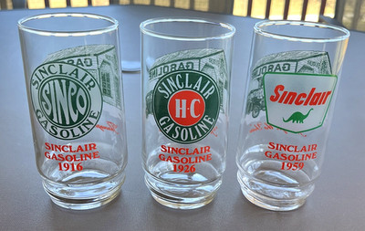 Sinclair Gas Logo Tumbler Glasses, Through the Years, 1916 to 1959 Fill Your Set