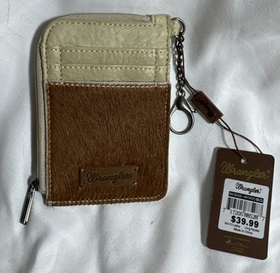 Wrangler Aztec Print Mini Zip Wallet ID Credit Card Holder Tan Hair On Hide NWT