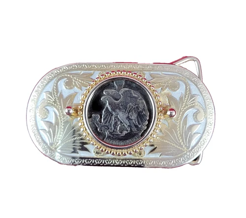 925 Silver USA Liberty Half Dollar Coin & Golden Accent Belt Buckle