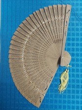 Antique Carved Wood Hand Fan Light Brown Wood Tassel Silk Original Glass Box