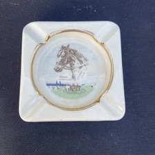 Vintage Horse Racing Ceramic Ashtray B&B C.S.A. Square White Gold Rim MCM