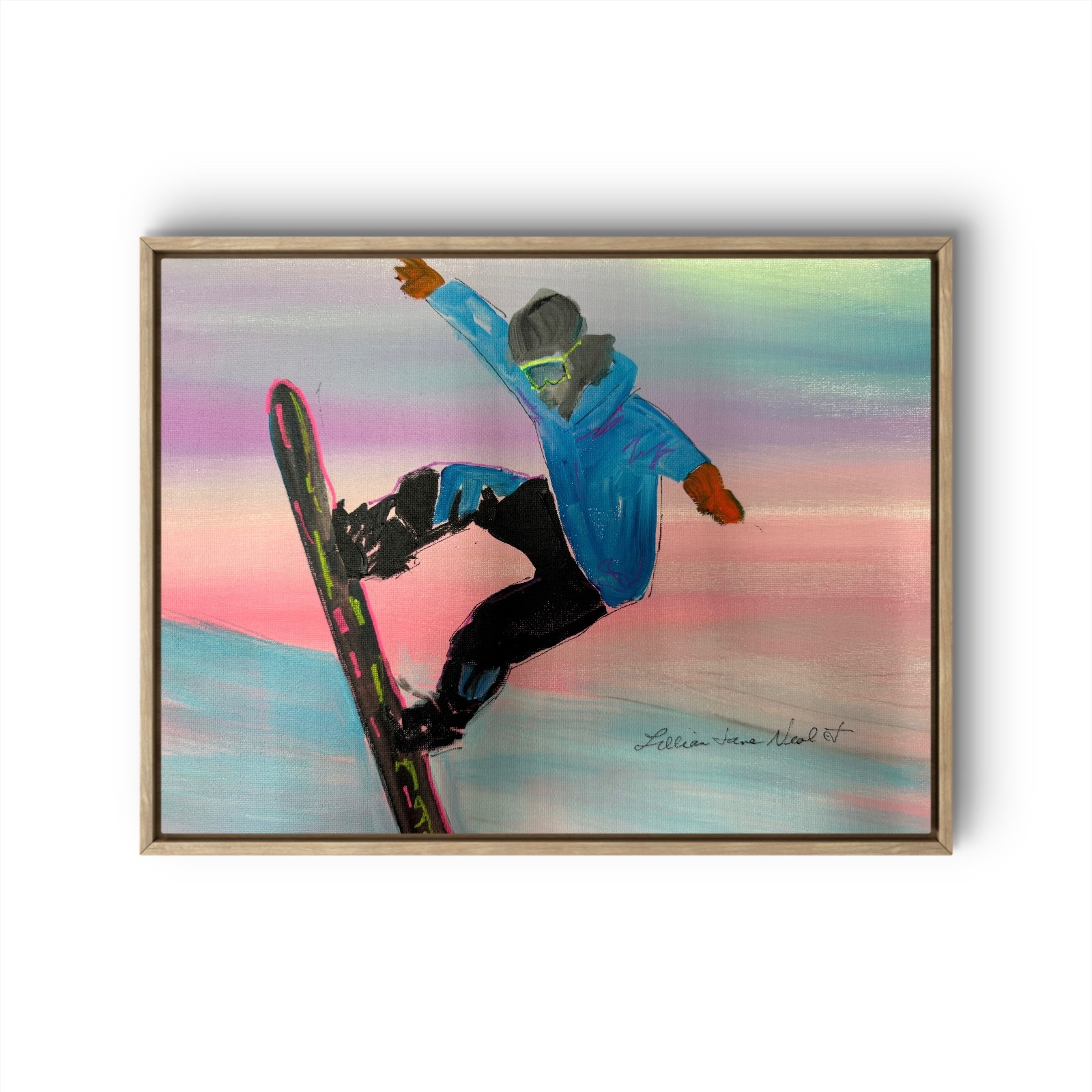14"x11"  Colorful Acrulic Painting Snow Boarding on Canvas - Original Signed