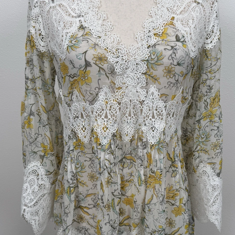 POL Top Womens S Yellow Floral Sheer Lace Bohemian Fairy Feminine Ethereal Flowy - Image 3 of 4