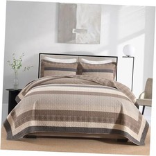 Stripe Quilt Queen Size - 3 Pieces Queen 98"x90" Brown/Beige/Wood/Charcoal