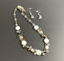 Necklace Earring Set 925 Silver Hooks Dangle Beads Clear White Sparkle Floral