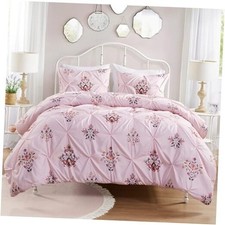 Set - 3 Pieces Pintuck Tufted Vintage Floral Bedding Full/Queen Pink Comforter