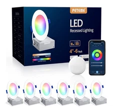 Peteme LED Recessed Lighting 4 Inch Smart Ultra-Thin – 4 Pack RGBCW Dimmable
