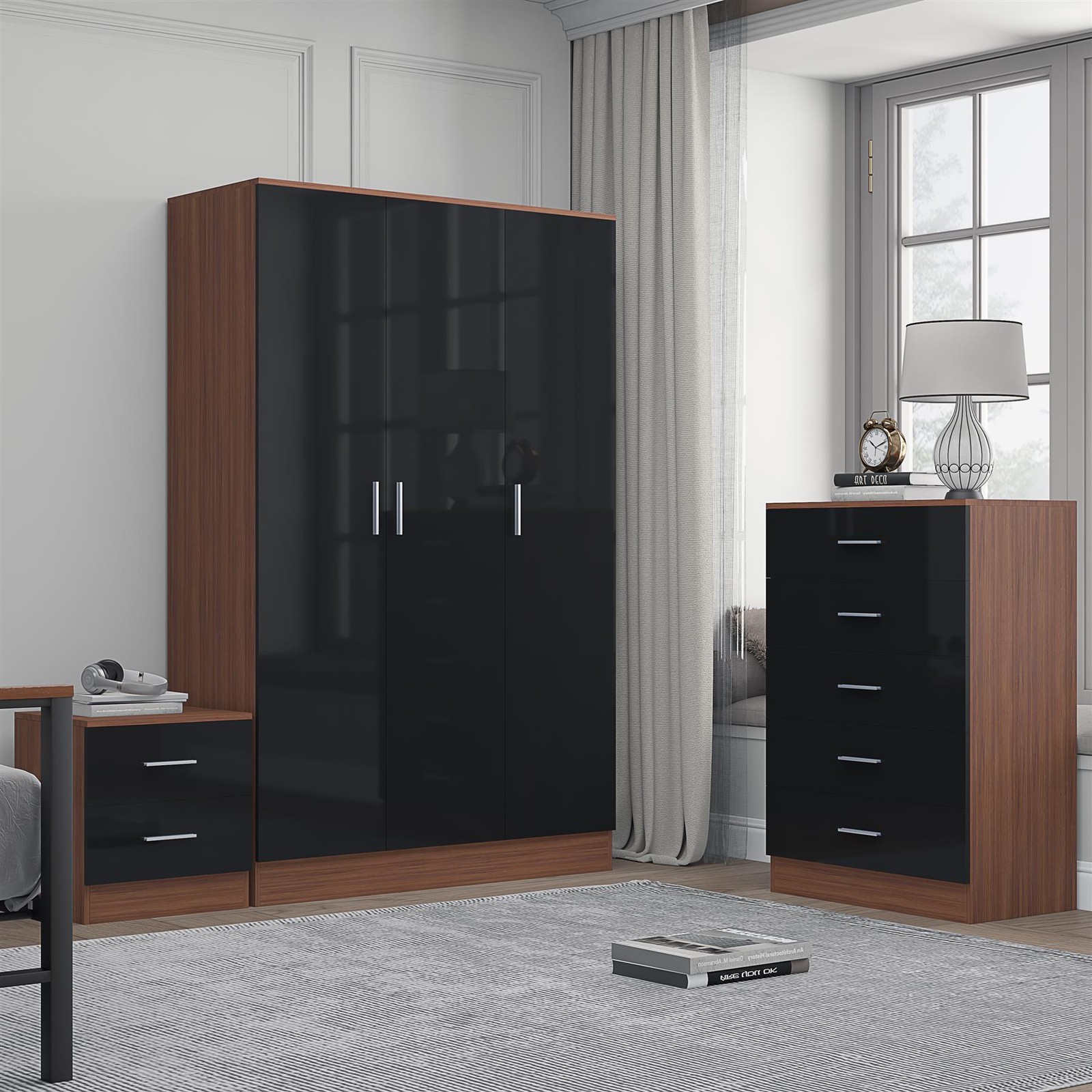 REFLECT Furniture - 3dr Plain Wardrobe + Chest + Bedside - Black/Walnut