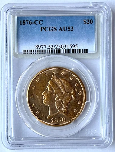 1876 CC $20 Double Eagle Liberty Head Gold Coin PCGS AU53 PL Recesses