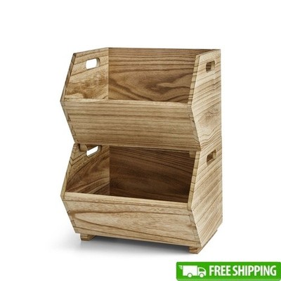 Natural Wood Stacking Bins Storage Baskets Open Front Cut-Out Handles Set of Two
