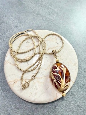 Vintage Gold-Tone Long Chain Necklace With Brown Swirl Glass Lamp Work Pendant