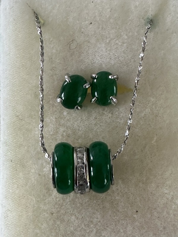Vintage Sterling Silver Chain Necklace With Jade Pendant And Earrings