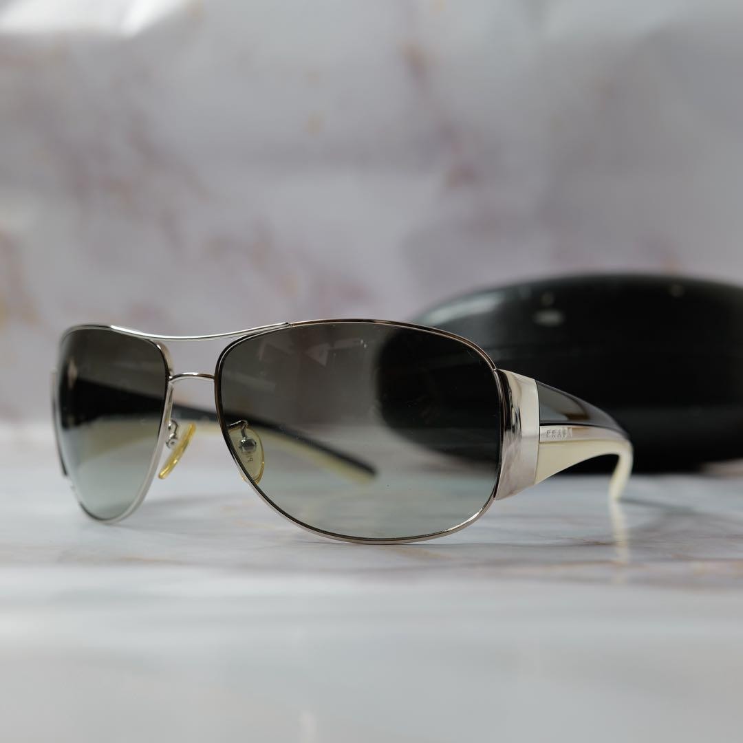 PRADA SPR 75G Aviator Sunglasses Black White Silver Gray 