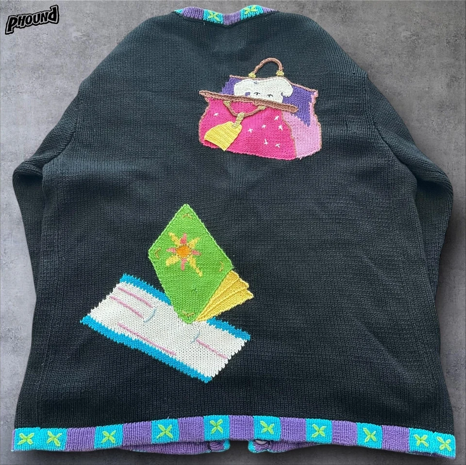 Suéter de punto Storybook para mujer 1X cárdigan negro bordado de viaje tejido Ramie Foto 2 de 4