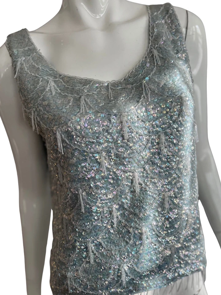 1950s Beaded Wool Tank Top Large Baby Blue Shimmy Showgirl Blouse Zip Lined Vntg - Image 2 of 4