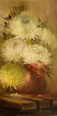 Signed TV Host Gary Jenkins oil painting Still Life Flowers 15 X 30  Unframed