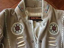 3B West by Tansmith Beige Leather, Native type beaded, fringed Men  s Jacket XL