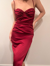House of CB Flora Wine Satin Pleated Corset Midi Dress XS