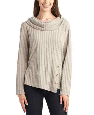 BCX Juniors' Cowlneck Button-Trimmed Ribbed Sweater | Size-Medium.