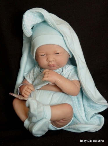 Nuova in scatola Berenguer 14"" La Newborn 18540 bambola vero ragazzo blu bianco a pois - Foto 4 di 5