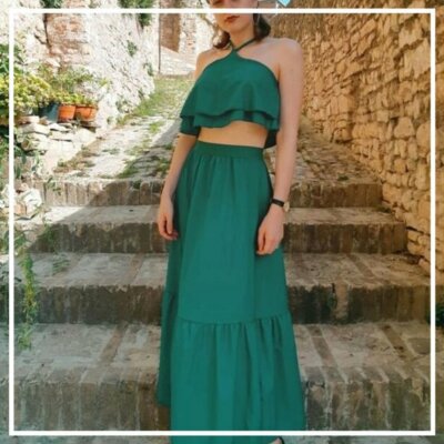 sachin and babi light blue dress Vintage pearls beaded top and skirt separated two pieces emerald green   Anna's Couture Dresses