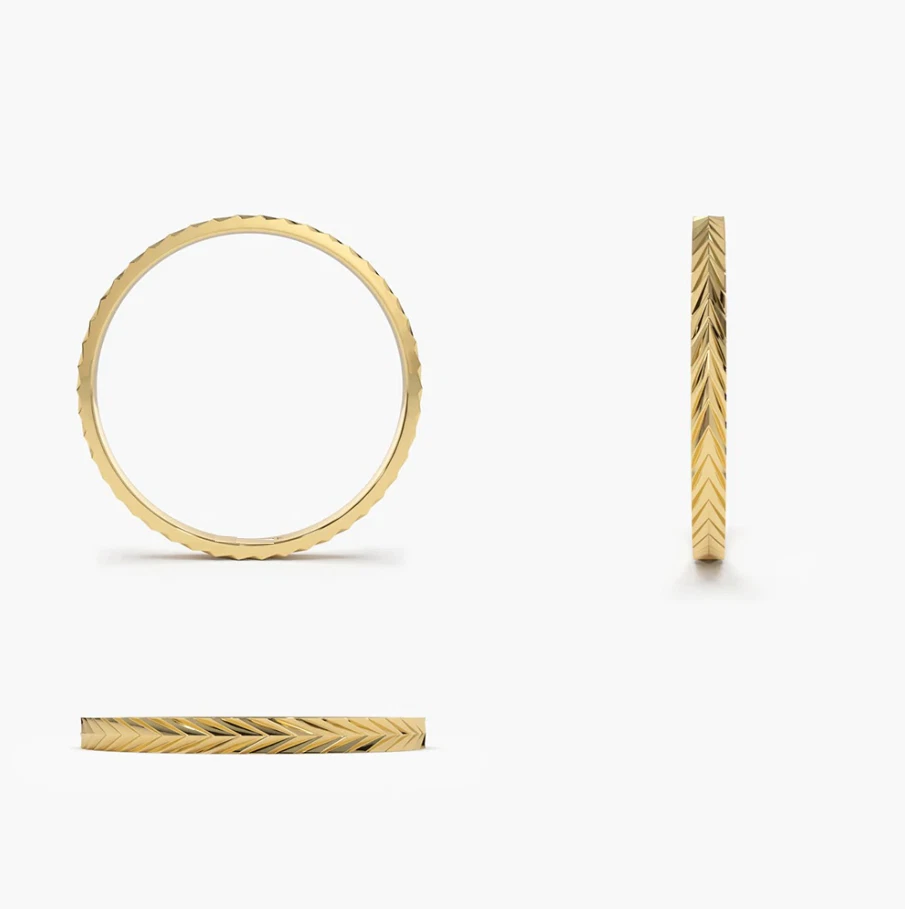 Damen Gold Ring 585 14K Gelb Gold Chevron Band Stil mit Prägung Fischgrätmuster - Bild 4 von 4