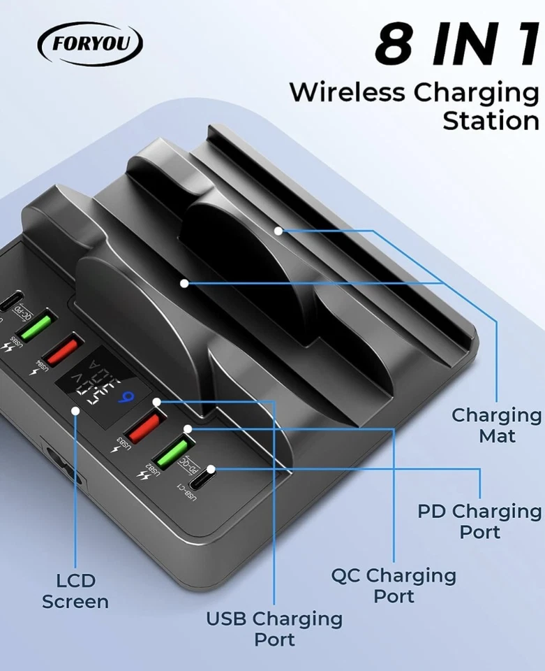 Multi-Charging Dock Wireless Cellphone Charger Station for iPhone Samsung 8-in-1 - Image 3 of 4