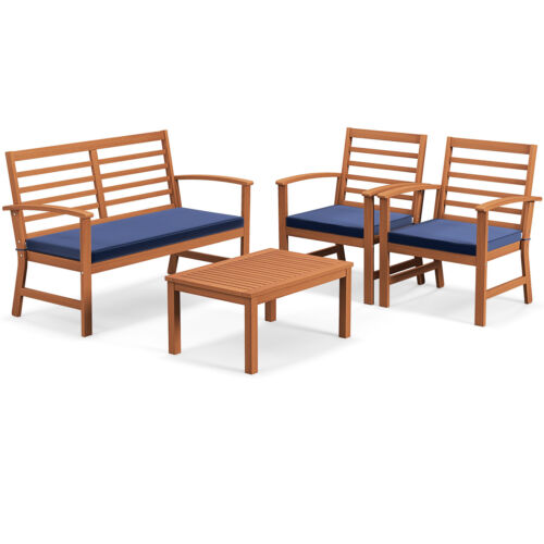 4 Pieces Outdoor Furniture Set w/ Soft Seat Cushions Stable Acacia Wood Frame