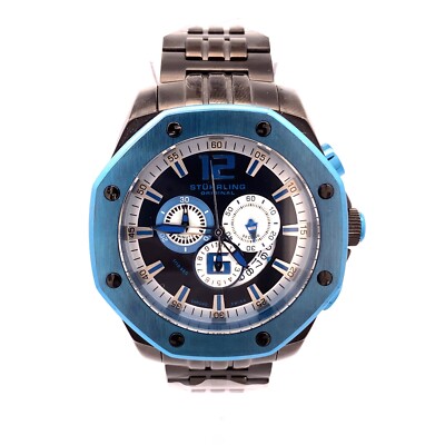 Stuhrling Crono Swiss Baby Blue/BLK Stainless Steel Mens Watch #3720700 