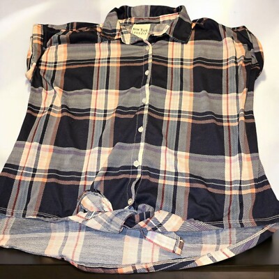 New York Laundry Sleeveless Button up Blouse Large Blue White Plaid Hi Lo Hem (4