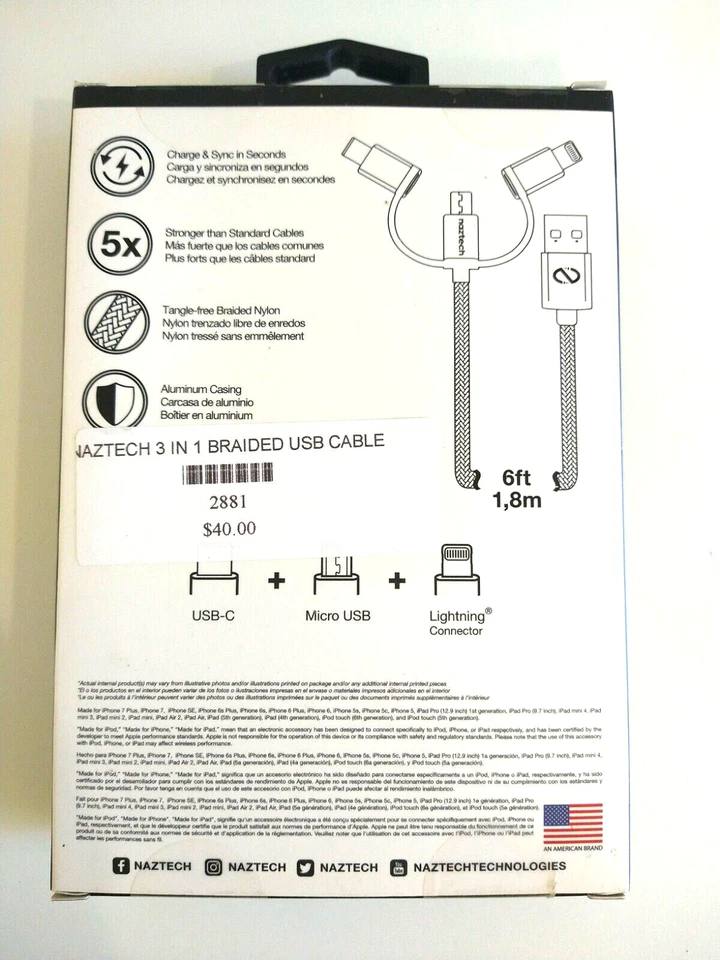 Naztech Braided 3-in-1 Hybrid Single Cable - USB-C, Lightning, Micro USB Devices - Image 3 of 3