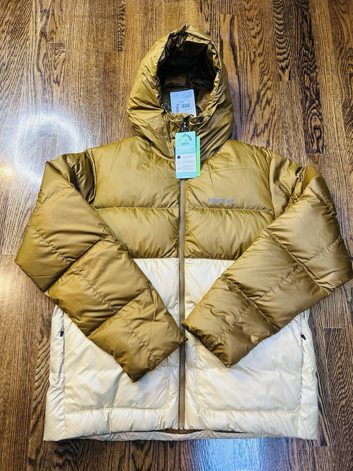Veste matelassée à capuche Marmot Guides duvet marron noisette crème homme grande taille