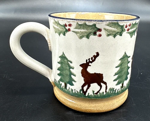 Vtg Nicholas Mosse Pottery Ireland Reindeer Holly Spongeware Mug Cup 6 oz EUC