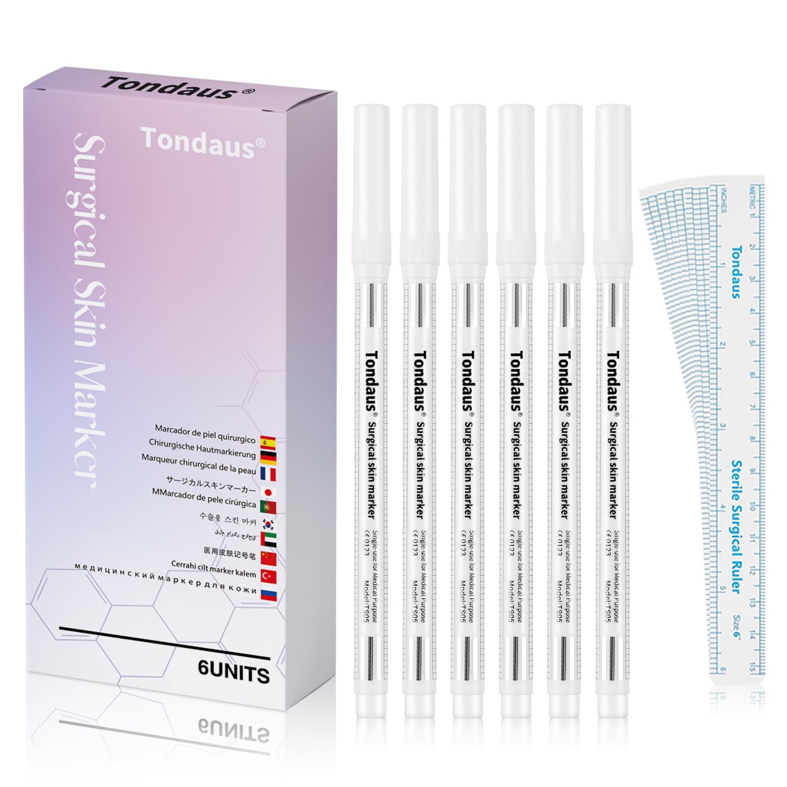 TONDAUS 6Pcs Professional Surgical Tip Skin Marker Pen White Stencil