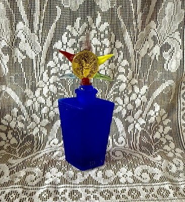 Vintage Celestial Sun Cobalt Blue Glass Art Deco Perfume Bottle + Stopper