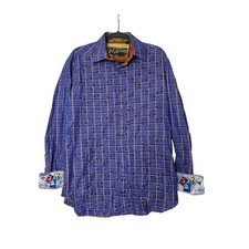 Robert Graham Shirt Men's Large Jacquard Sailing Flip Cuff Purple Grid Plaid
