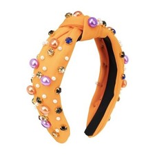 Halloween Headband for Women Pearl Knotted Headband Pearl Rhinestone Orange