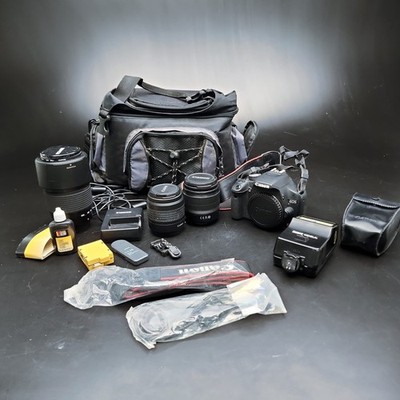 Canon EOS Rebel T1i DSLR Kit 18-55+70-300 Lens Speedlite 188A Bag